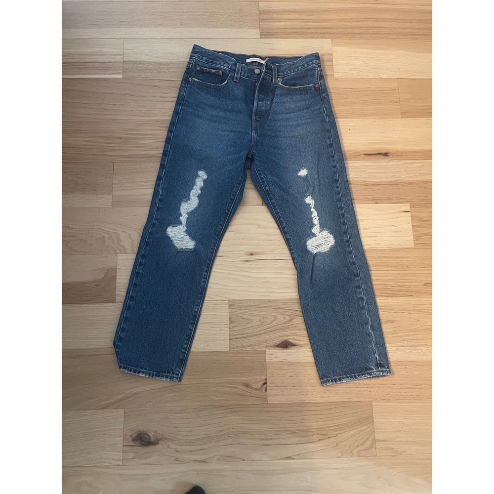 Levi's Straight Leg Jeans in Dark Blue with Distressed Knees